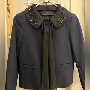 Zara Women's Navy Embellished Collar Blazer with bow tie